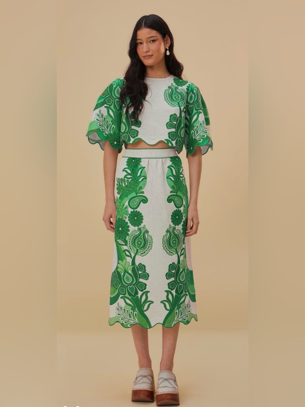 FARM Rio Green Color Festival Linen Midi Skirt